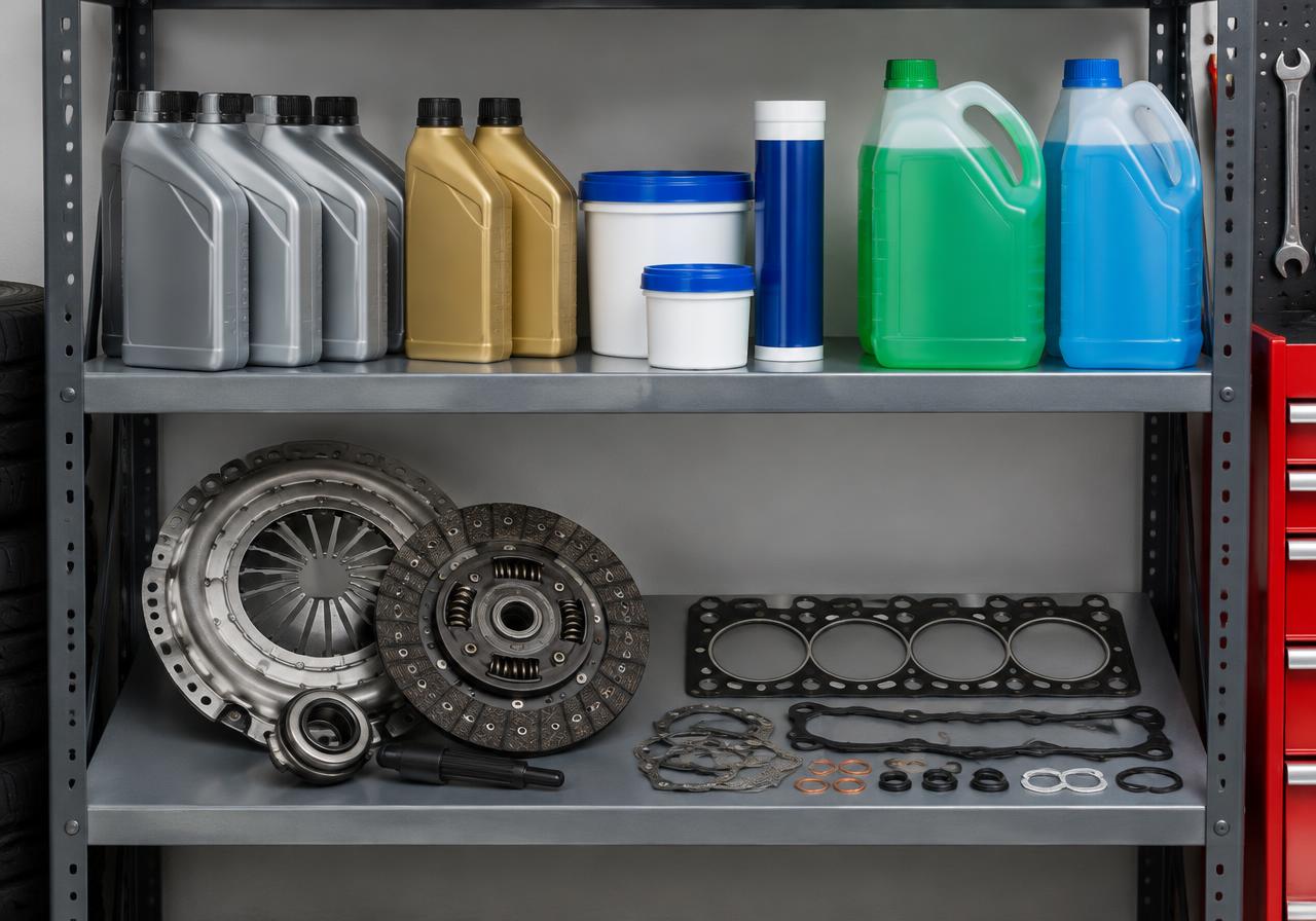 Illustrative image of motor oils, coolants, a clutch kit and gaskets on a shelf